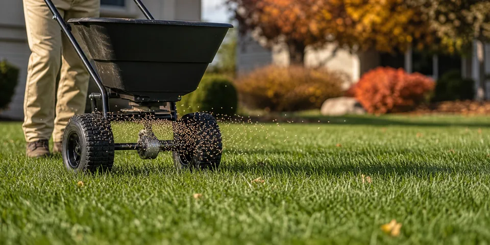 Broadcast spreader applying starter fertilizer across a green lawn in fall